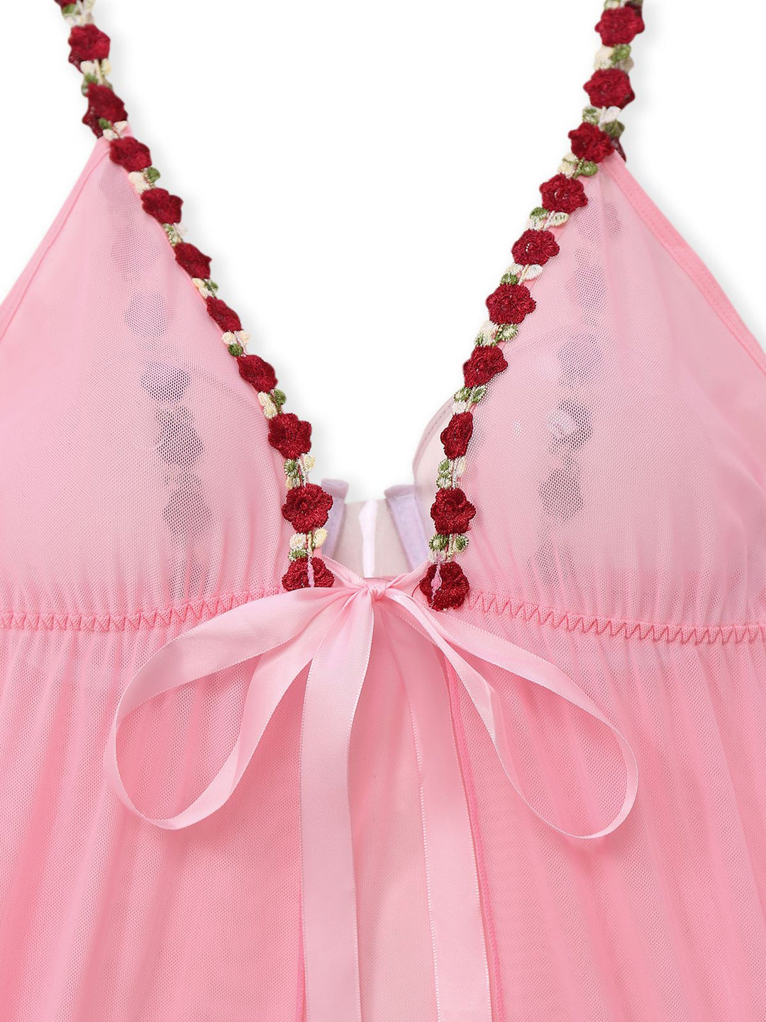 Dark Pink Deep V-Neck Embroidered Flower Pajama Set - vintage fashion, retro style, elegant red
