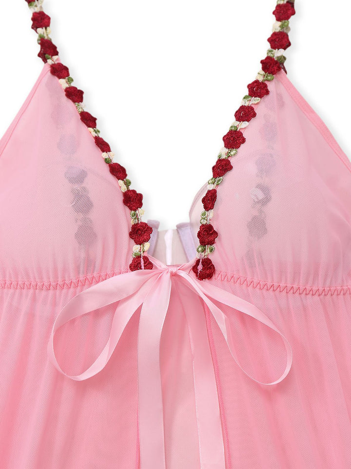 Dark Pink Deep V-Neck Embroidered Flower Pajama Set - vintage fashion, retro style, elegant red