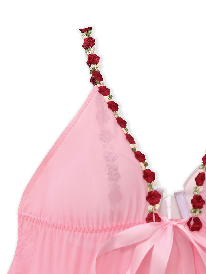 Dark Pink Deep V-Neck Embroidered Flower Pajama Set - vintage fashion, retro style, elegant red