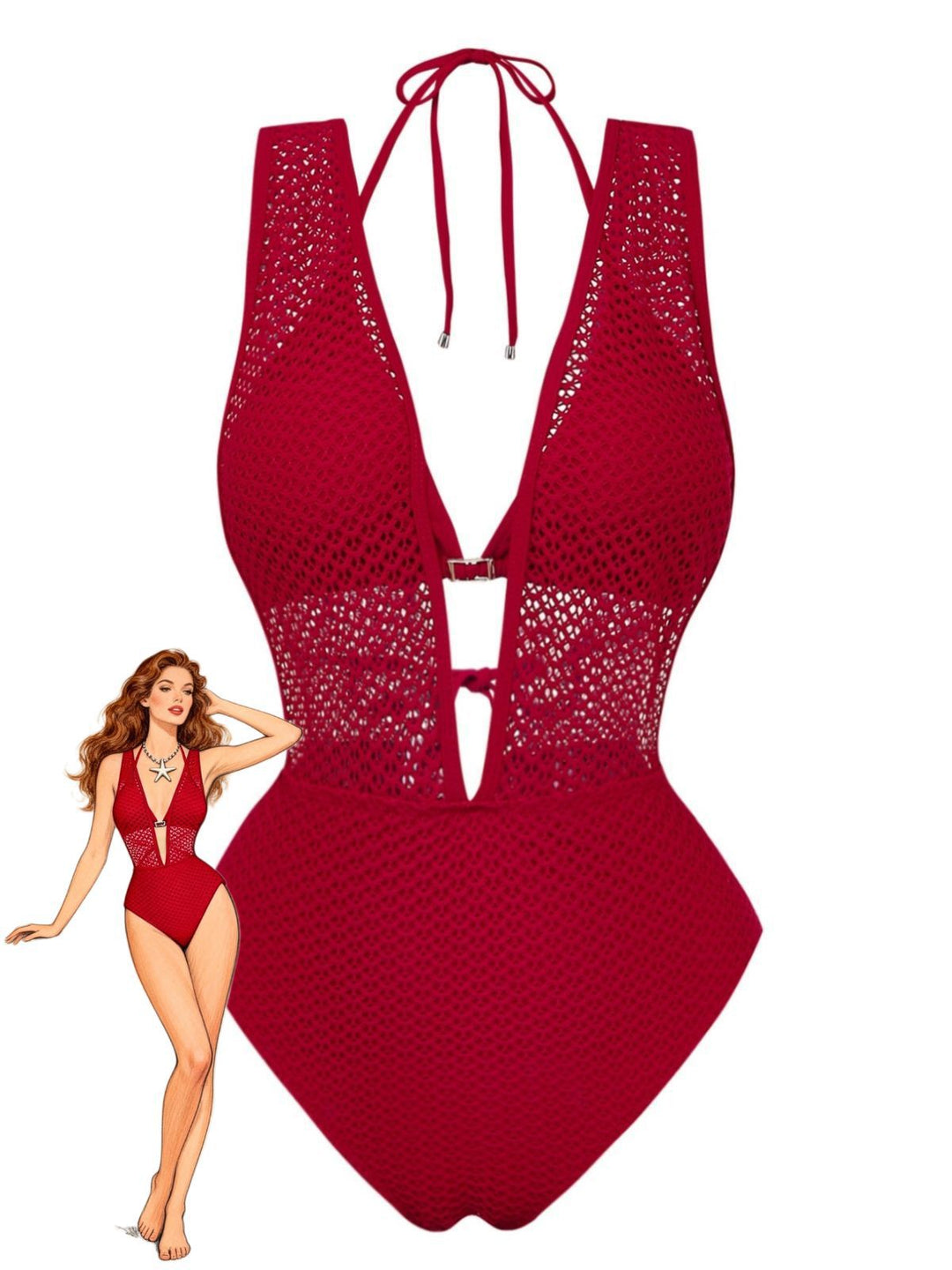 1950s Deep V-Neck Crochet Mesh Halter Swimsuit Set - vintage swimsuit, pin-up style