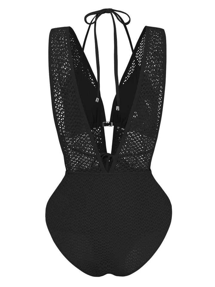 1950s Deep V-Neck Crochet Mesh Halter Swimsuit Set - vintage swimsuit, pin-up style