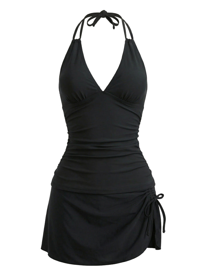 Deep V-Neck Halter Tankini Set &amp; Cover-Up - bohemian cover up, beach wear for vintage lovers