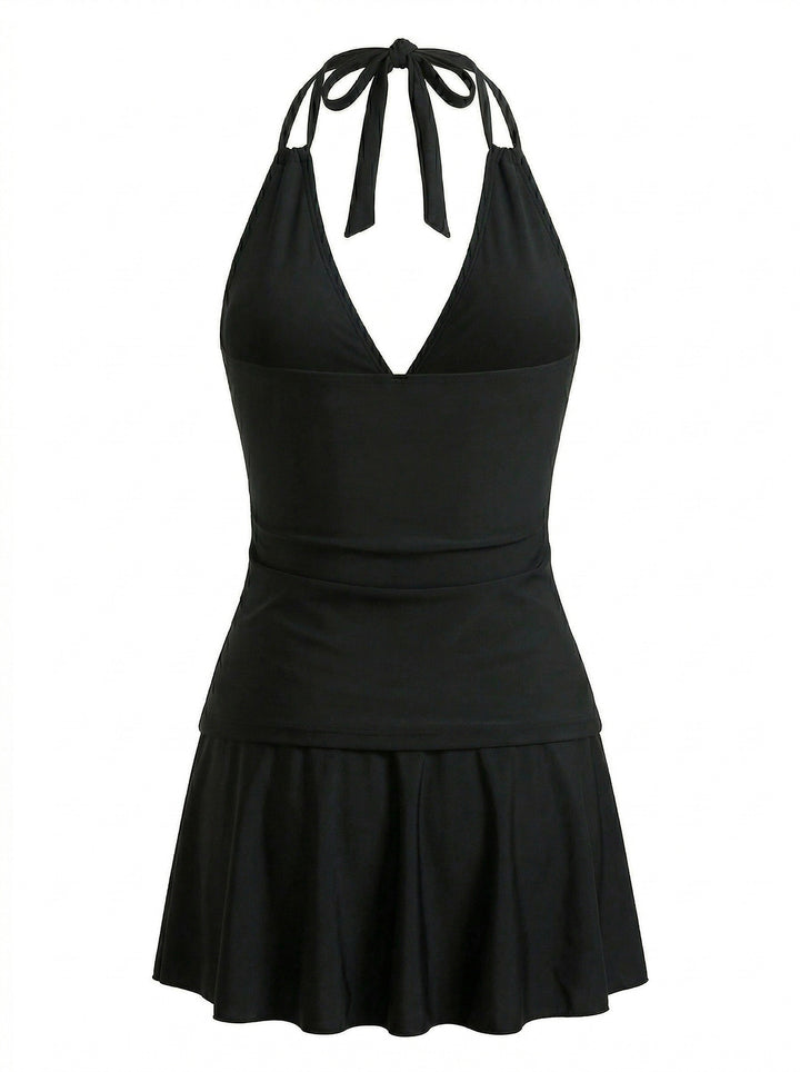 Deep V-Neck Halter Tankini Set &amp; Cover-Up - bohemian cover up, beach wear for vintage lovers