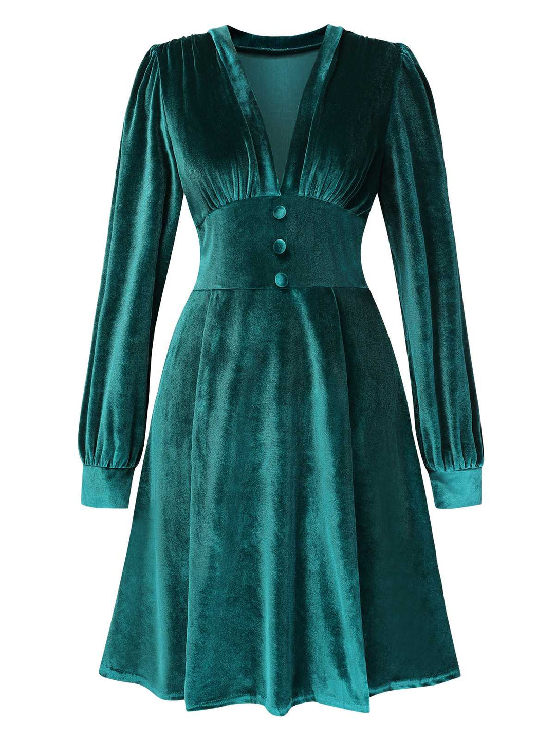 She slips into this 1950s Deep V-Neck Velvet Button Solid Dress and suddenly it&
