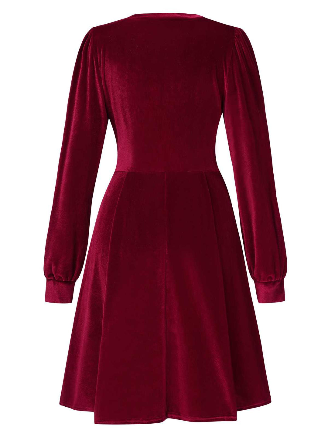 She slips into this 1950s Deep V-Neck Velvet Button Solid Dress and suddenly it&