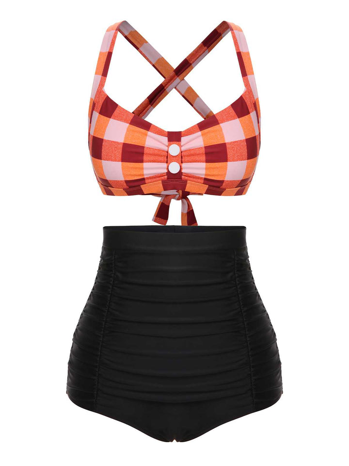 1950s Double Strap Buttoned Plaids Swimsuit: 1950s Riviera elegance, reimagined for her
