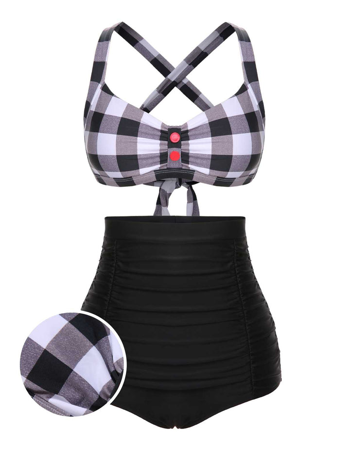 This 1950s Double Strap Buttoned Plaids Swimsuit carries 1950s vacation dreams in every stitch