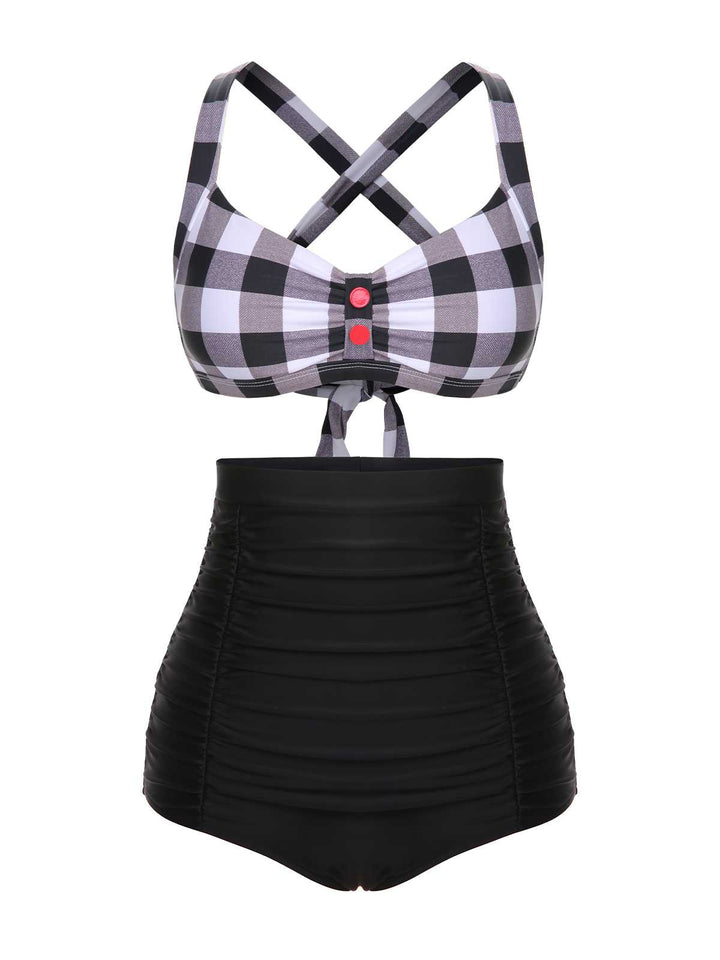 1950s Double Strap Buttoned Plaids Swimsuit — because 1950s glamour never goes out of style