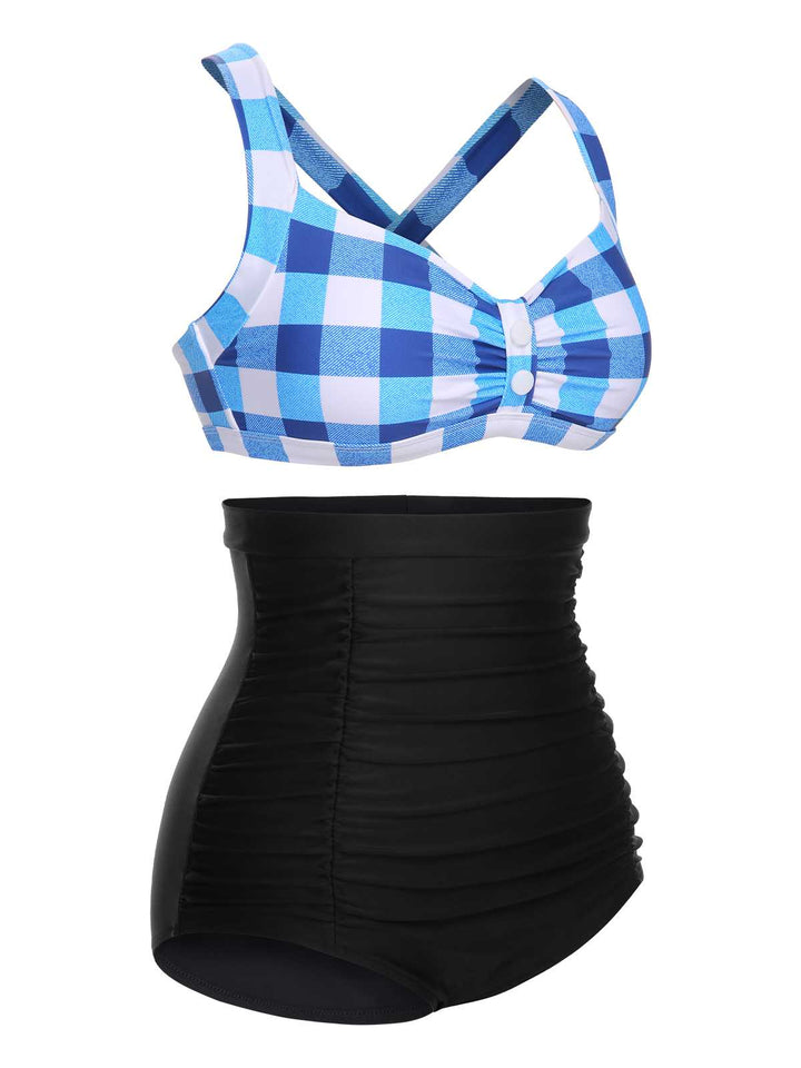 1950s Double Strap Buttoned Plaids Swimsuit: 1950s Riviera elegance, reimagined for her