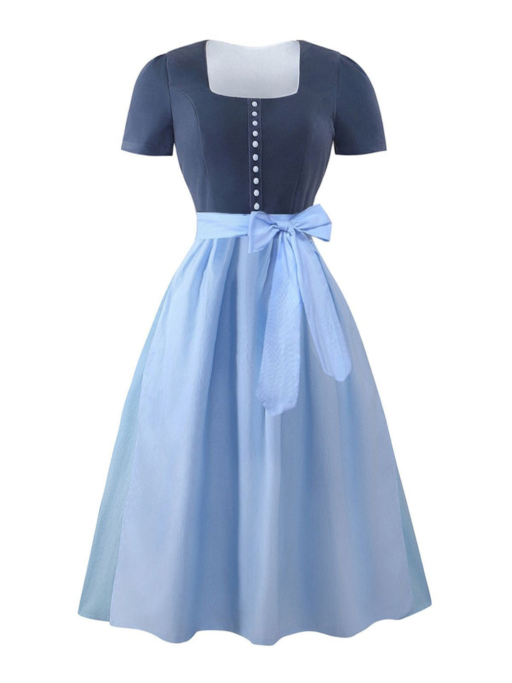 2PCS Blue Grey 1950s Solid Square Neck Dress &amp; Apron - vintage dress, retro fashion, rockabilly