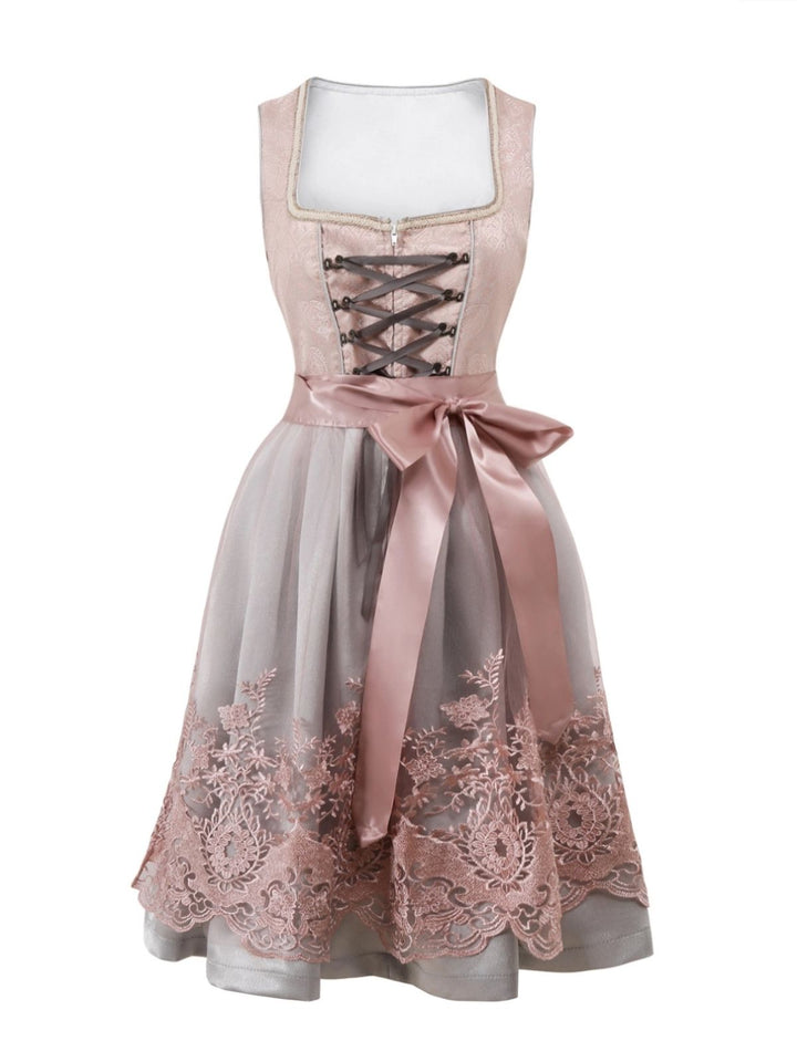 2PCS Orange Pink 1950s Jacquard Dress &amp; Mesh Embroidered Apron - vintage dress, retro fashion, rockabilly