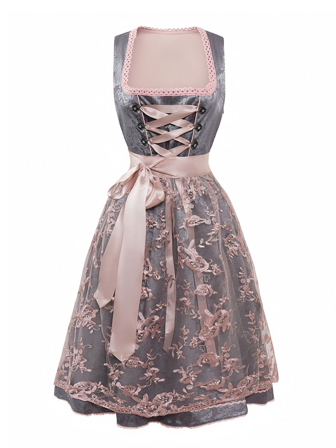 2PCS Pink 1950s Floral Jacquard Dress &amp; Mesh Embroidered Apron - vintage dress, retro fashion, rockabilly