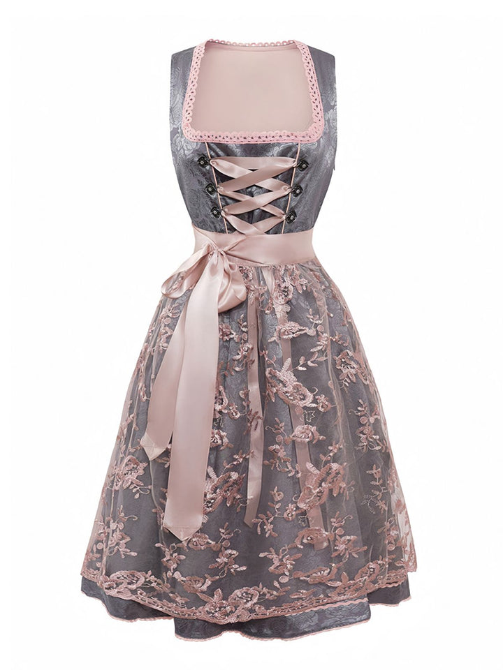 2PCS Pink 1950s Floral Jacquard Dress &amp; Mesh Embroidered Apron - vintage dress, retro fashion, rockabilly
