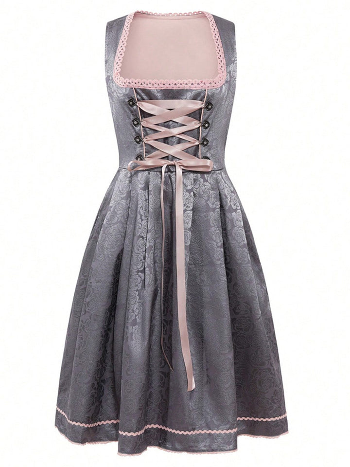 2PCS Pink 1950s Floral Jacquard Dress &amp; Mesh Embroidered Apron - vintage dress, retro fashion, rockabilly