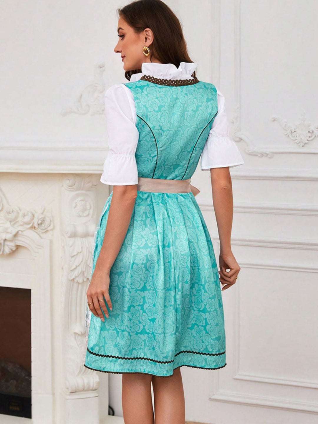 2PCS Sky Blue 1950s Floral Jacquard Dress &amp; Mesh Embroidered Apron - vintage dress, retro fashion, rockabilly