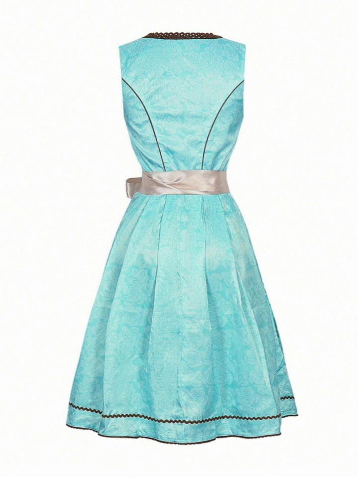 2PCS Sky Blue 1950s Floral Jacquard Dress &amp; Mesh Embroidered Apron - vintage dress, retro fashion, rockabilly