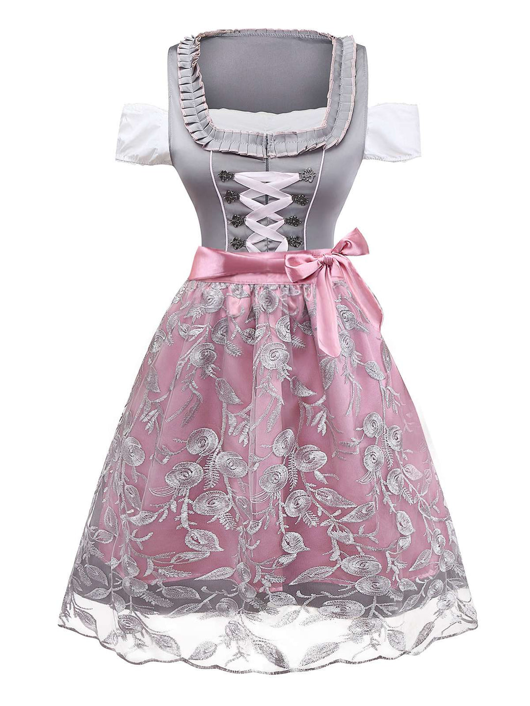 3PCS Pink 1950s Satin Lace Embroidered Dress &amp; Off-Shoulder Top - vintage dress, retro fashion, rockabilly