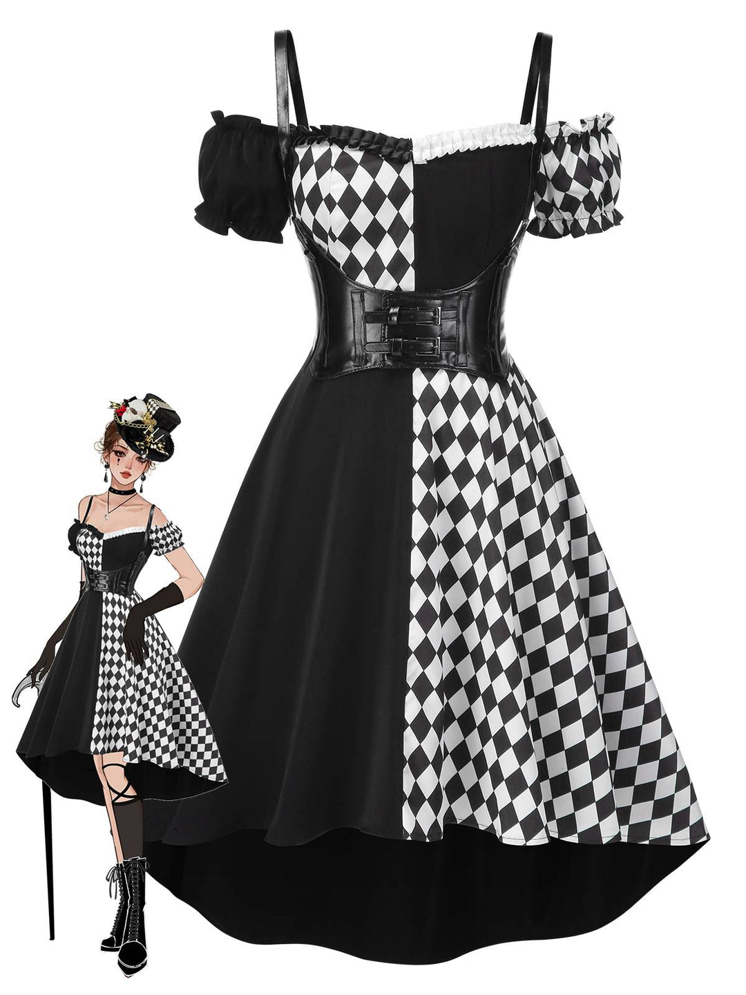 Black 1950s Halloween Harlequin Pattern Dress &amp; Leather Corset - vintage dress, retro fashion, rockabilly