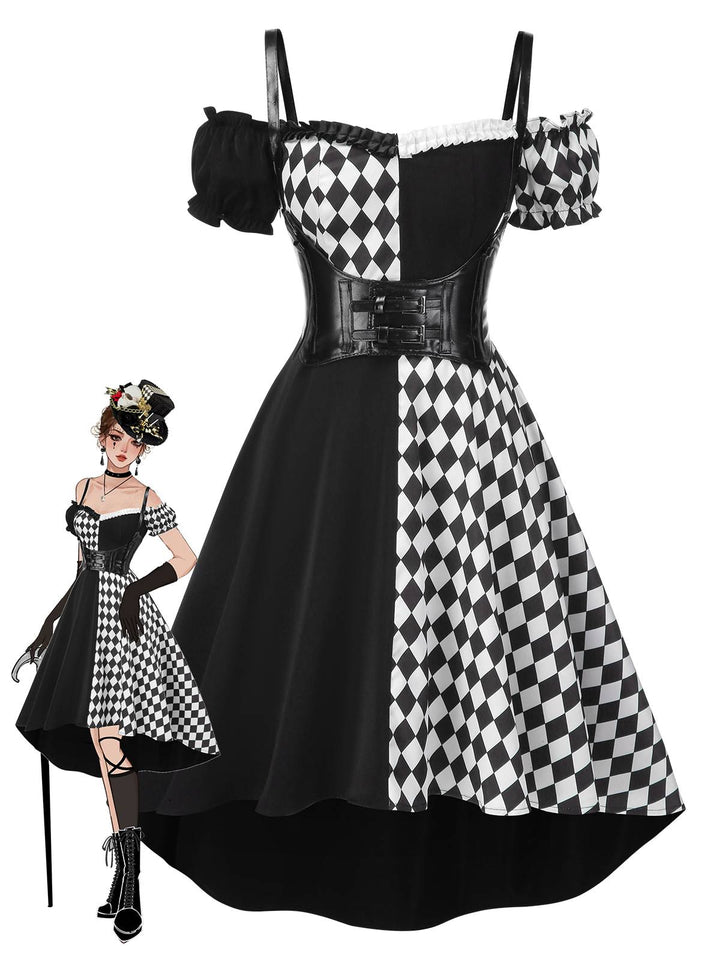 Black 1950s Halloween Harlequin Pattern Dress &amp; Leather Corset - vintage dress, retro fashion, rockabilly