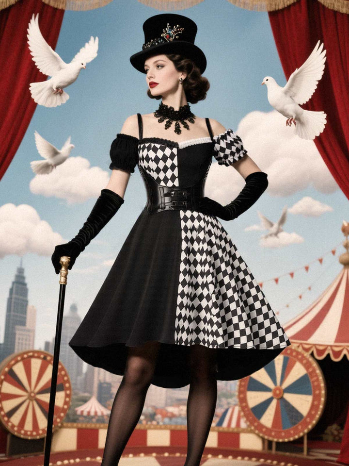 Black 1950s Halloween Harlequin Pattern Dress &amp; Leather Corset - vintage dress, retro fashion, rockabilly