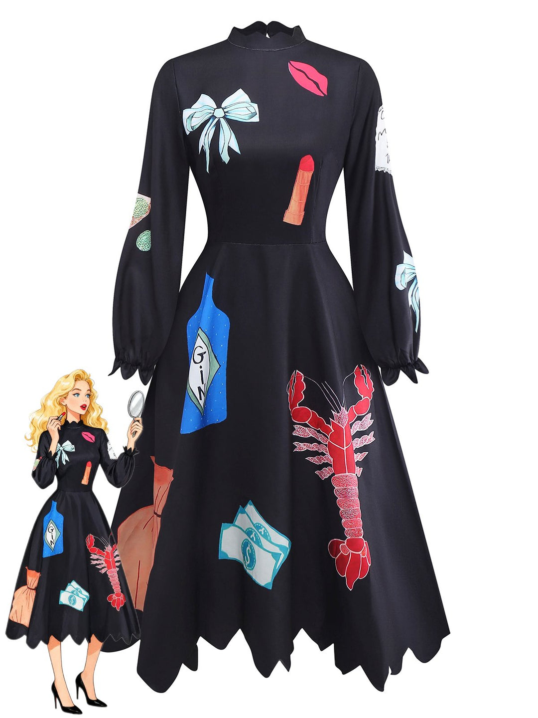 Black 1950s Lobster Zigzag Neck Lantern Sleeve Dress - vintage dress, retro fashion, rockabilly