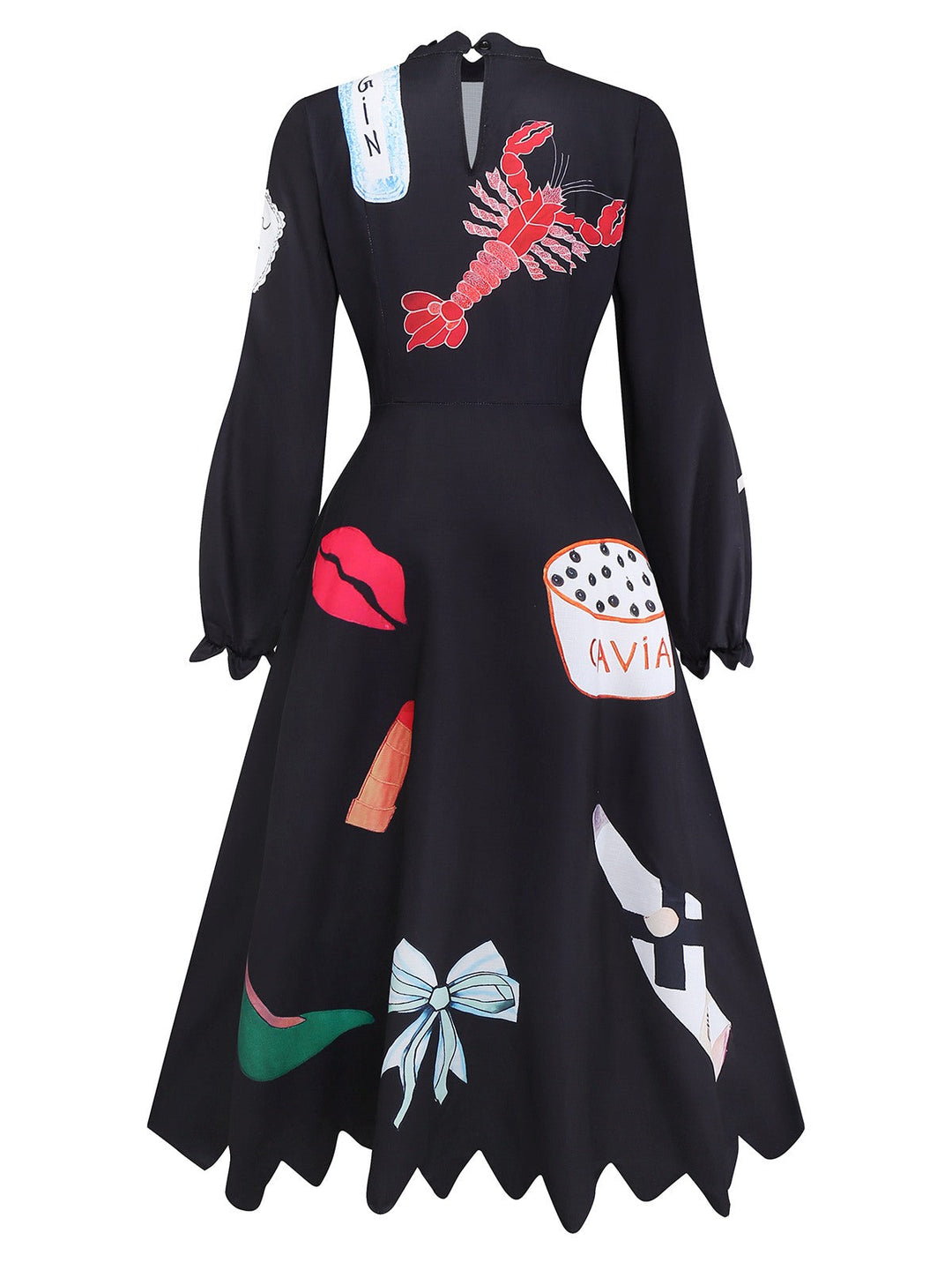 Black 1950s Lobster Zigzag Neck Lantern Sleeve Dress - vintage dress, retro fashion, rockabilly