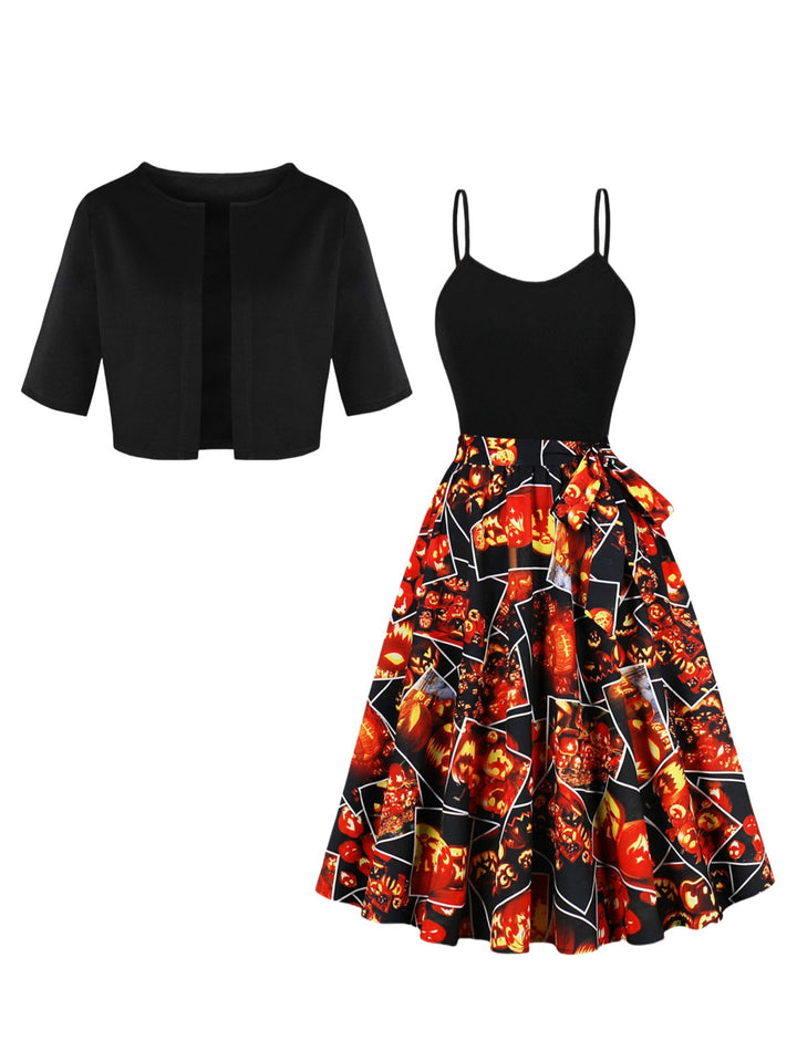 Black 1950s Pumpkin Halloween Swing Dress &amp; Bolero Jacket - vintage dress, retro fashion, rockabilly