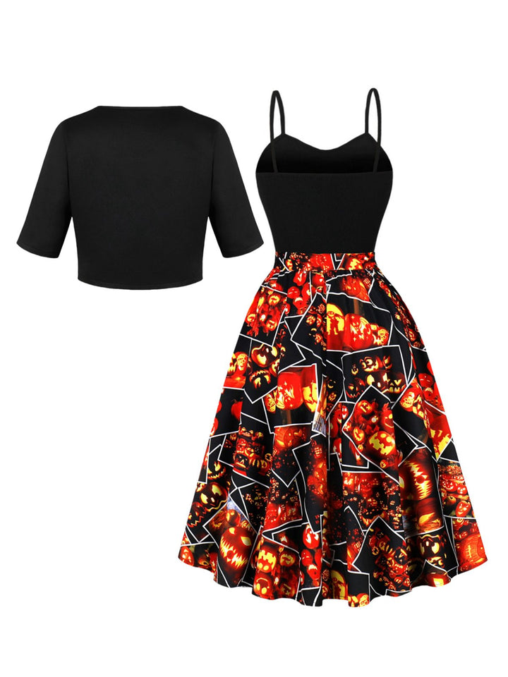 Black 1950s Pumpkin Halloween Swing Dress &amp; Bolero Jacket - vintage dress, retro fashion, rockabilly