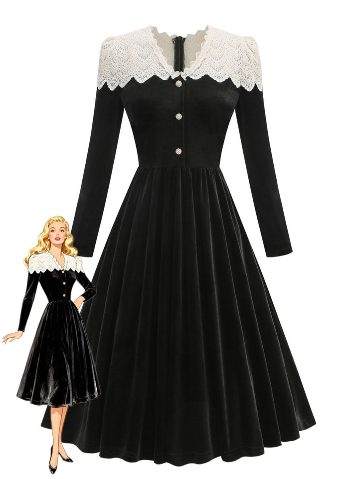 Black 1950s Velvet Knitted Collar Pearl Button Dress - vintage dress, retro fashion, rockabilly