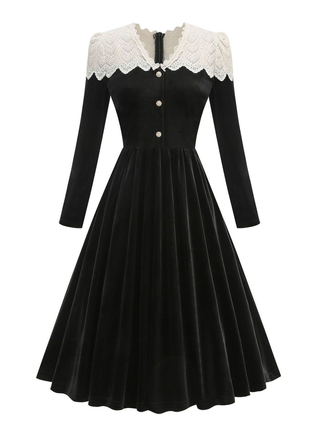 Black 1950s Velvet Knitted Collar Pearl Button Dress - vintage dress, retro fashion, rockabilly
