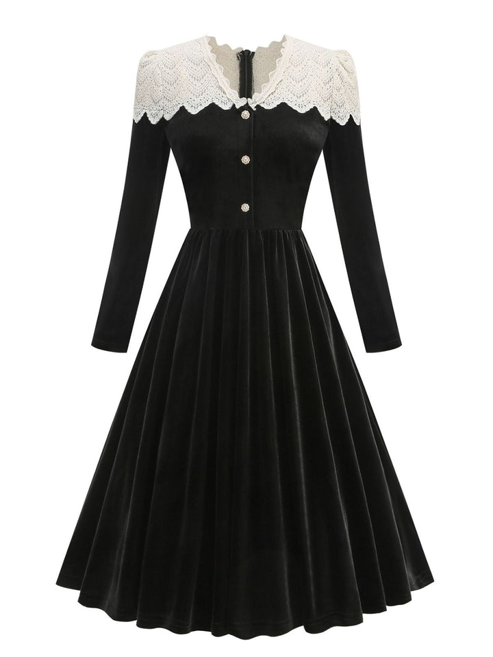 Black 1950s Velvet Knitted Collar Pearl Button Dress - vintage dress, retro fashion, rockabilly