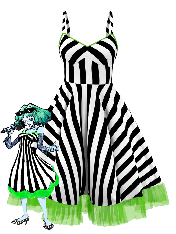Black&amp;White 1950s Striped Fluorescent Green Lace Dress - vintage dress, retro fashion, rockabilly