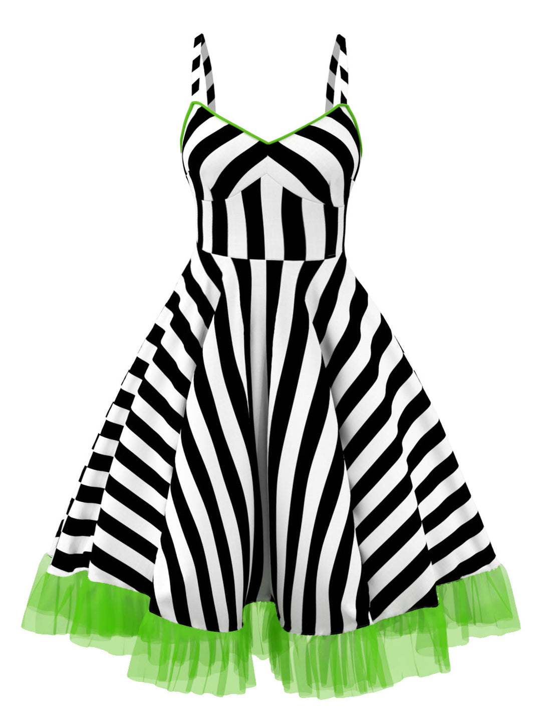 Black&amp;White 1950s Striped Fluorescent Green Lace Dress - vintage dress, retro fashion, rockabilly