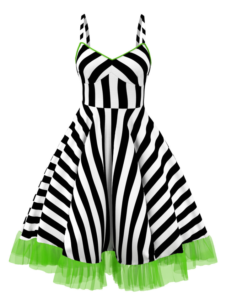 Black&amp;White 1950s Striped Fluorescent Green Lace Dress - vintage dress, retro fashion, rockabilly