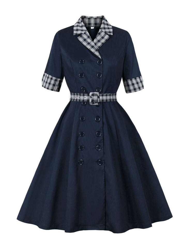Blue 1950s Double Breasted Plaid Lapel Belted Dress - vintage dress, retro fashion, rockabilly