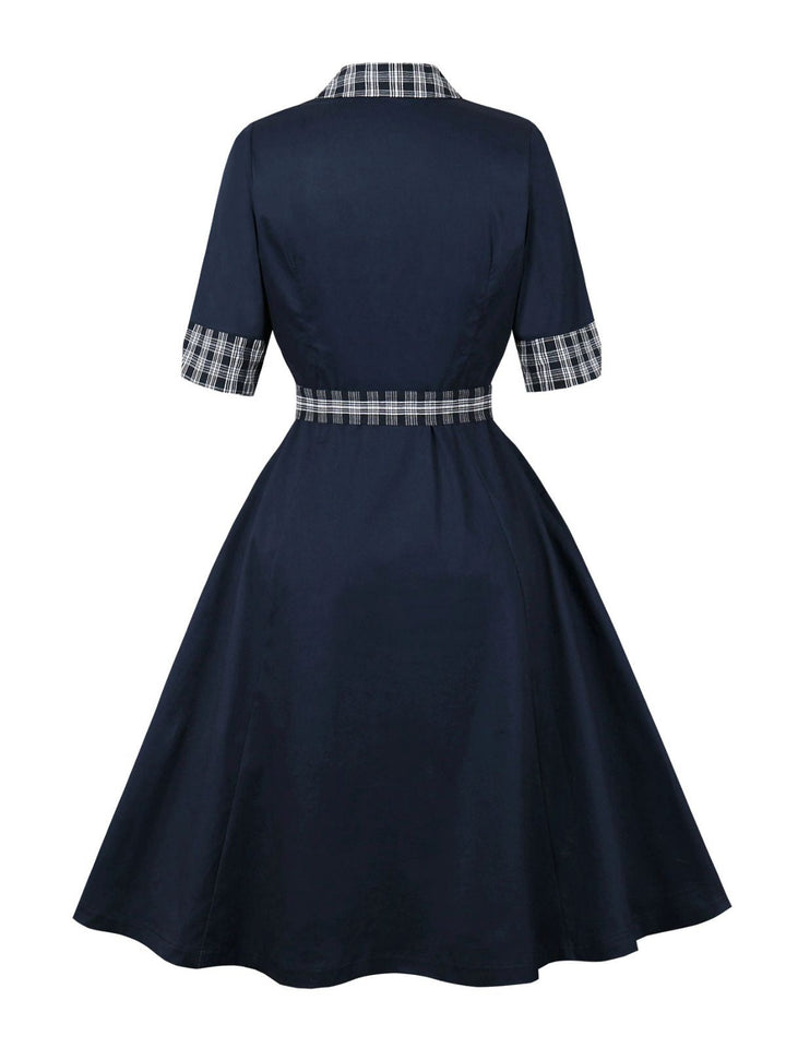 Blue 1950s Double Breasted Plaid Lapel Belted Dress - vintage dress, retro fashion, rockabilly