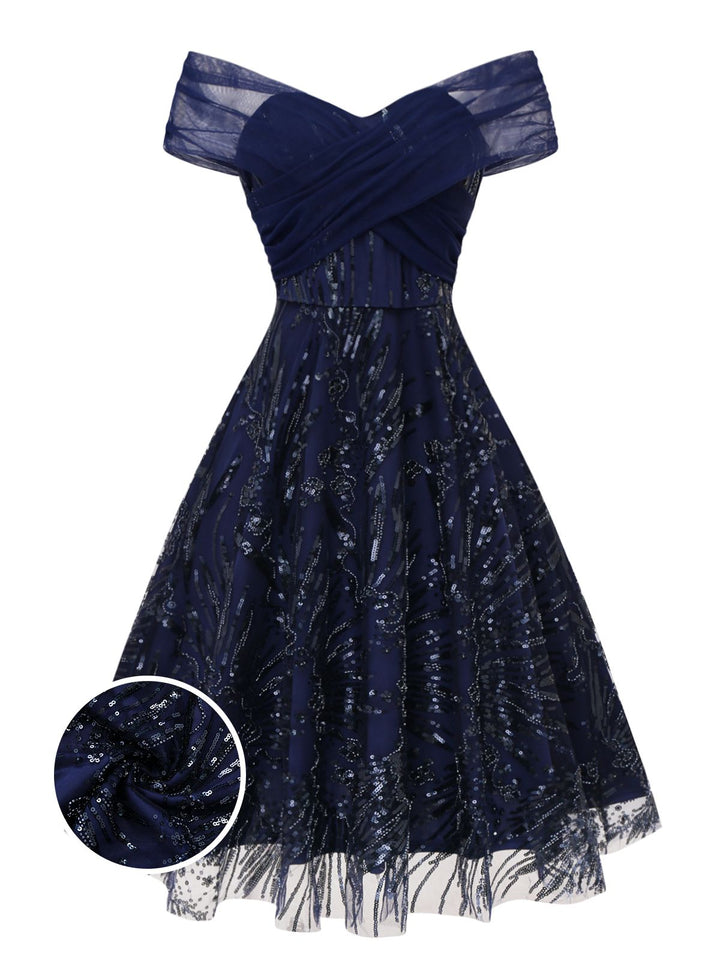Blue 1950s Off-Shoulder Embroidered Sequin Floral Dress - vintage dress, retro fashion, rockabilly