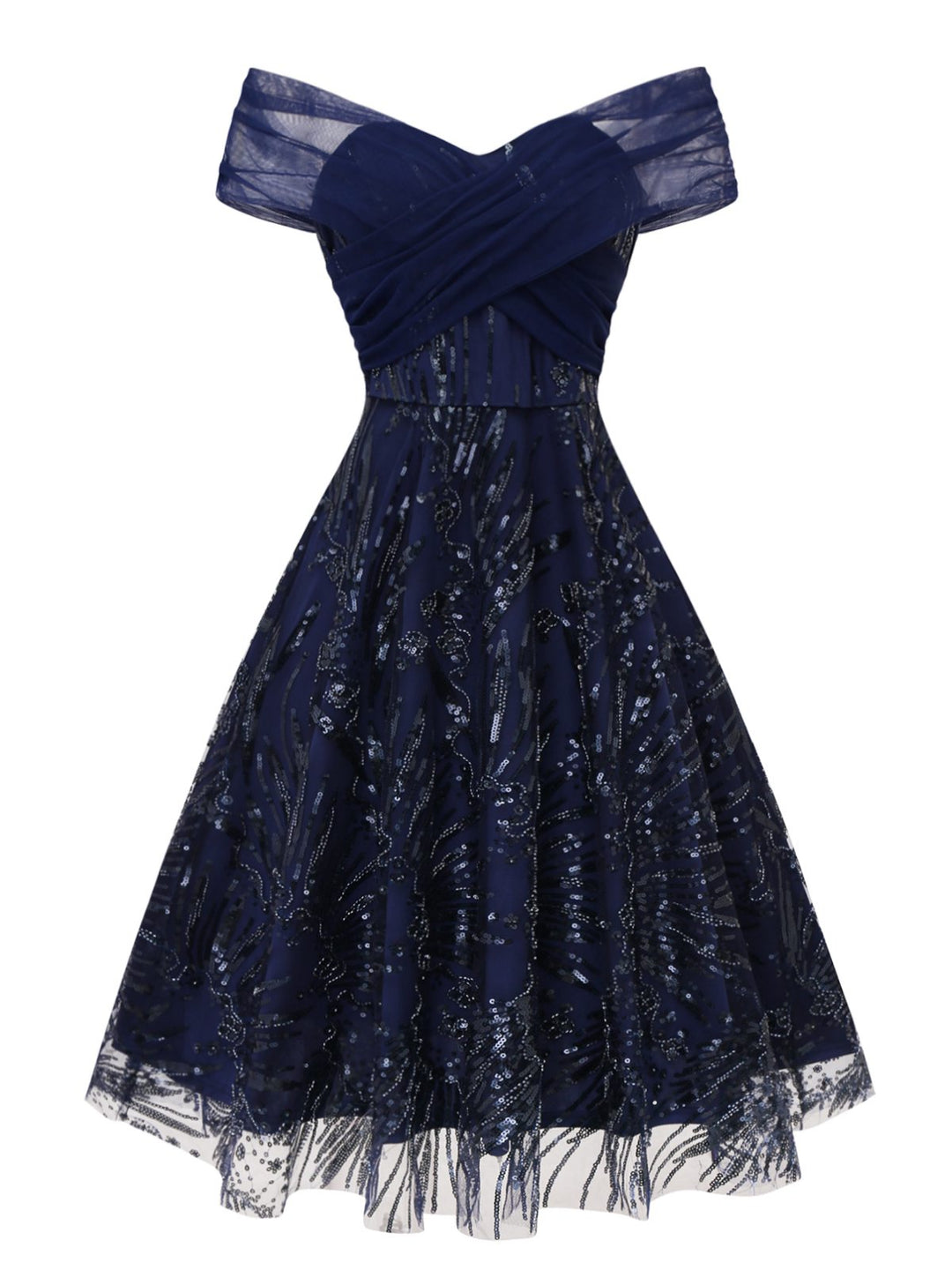 Blue 1950s Off-Shoulder Embroidered Sequin Floral Dress - vintage dress, retro fashion, rockabilly