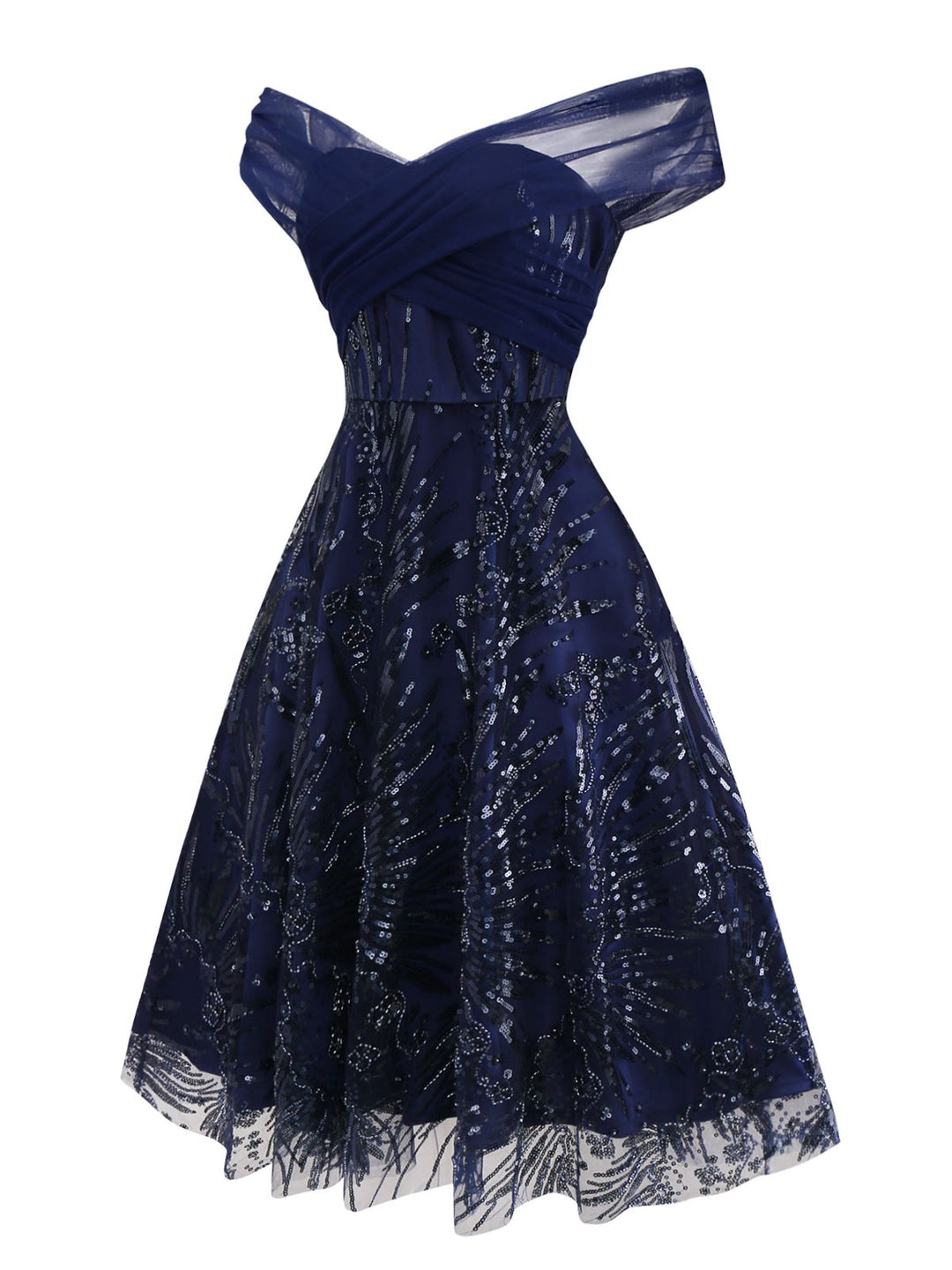 Blue 1950s Off-Shoulder Embroidered Sequin Floral Dress - vintage dress, retro fashion, rockabilly