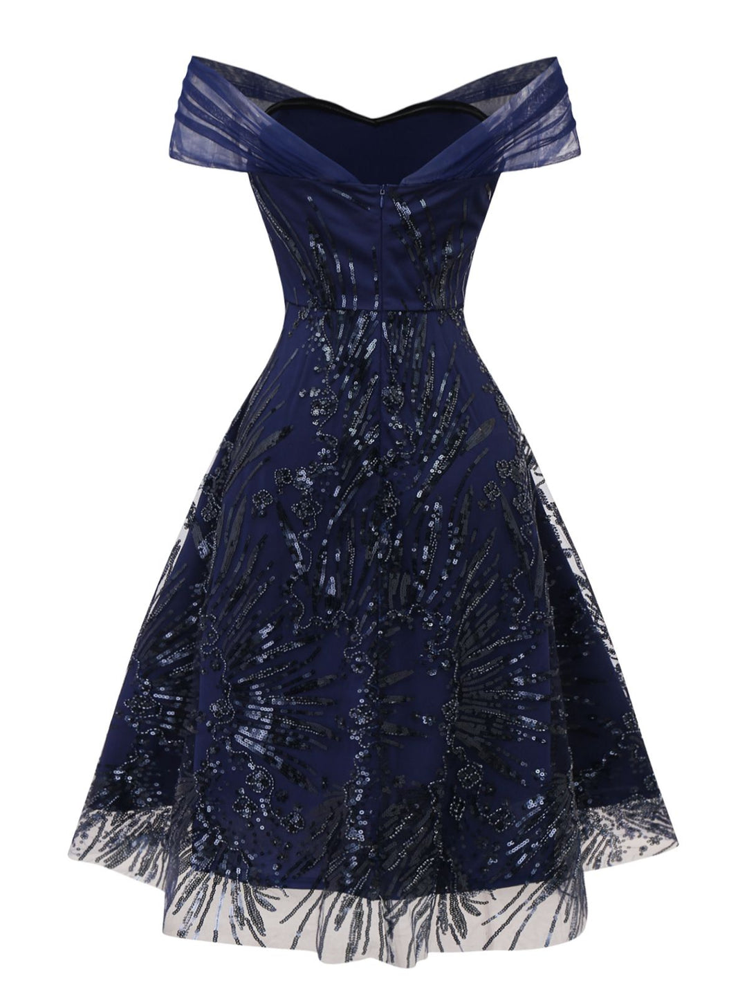 Blue 1950s Off-Shoulder Embroidered Sequin Floral Dress - vintage dress, retro fashion, rockabilly