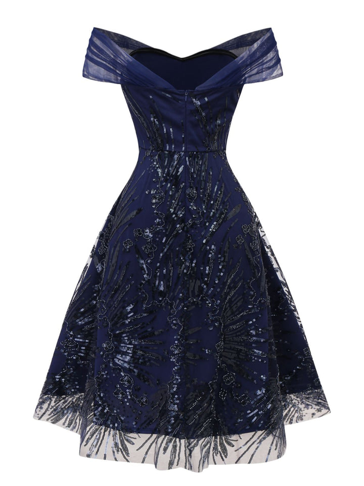 Blue 1950s Off-Shoulder Embroidered Sequin Floral Dress - vintage dress, retro fashion, rockabilly