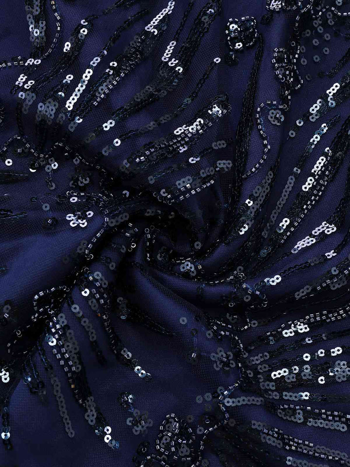 Blue 1950s Off-Shoulder Embroidered Sequin Floral Dress - vintage dress, retro fashion, rockabilly