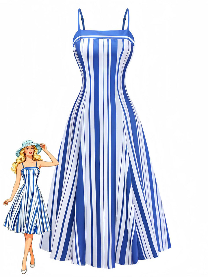 Blue &amp; White 1950s Stripe Spaghetti Strap Midi Dress - vintage dress, retro fashion, rockabilly