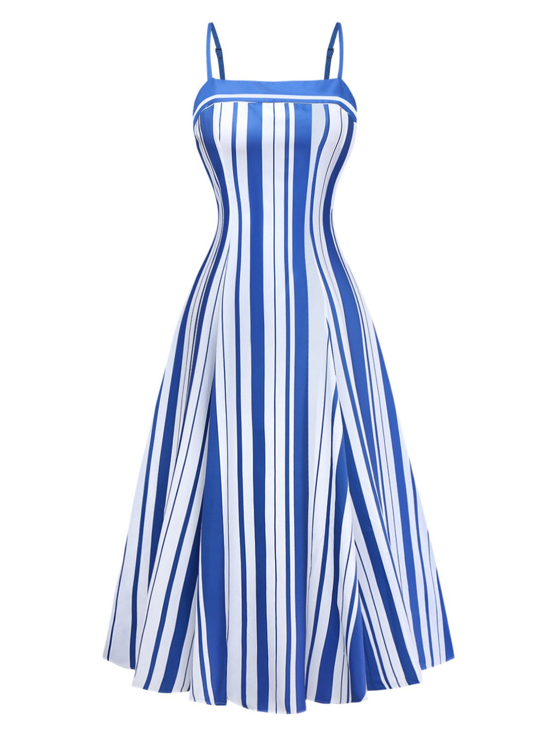Blue &amp; White 1950s Stripe Spaghetti Strap Midi Dress - vintage dress, retro fashion, rockabilly