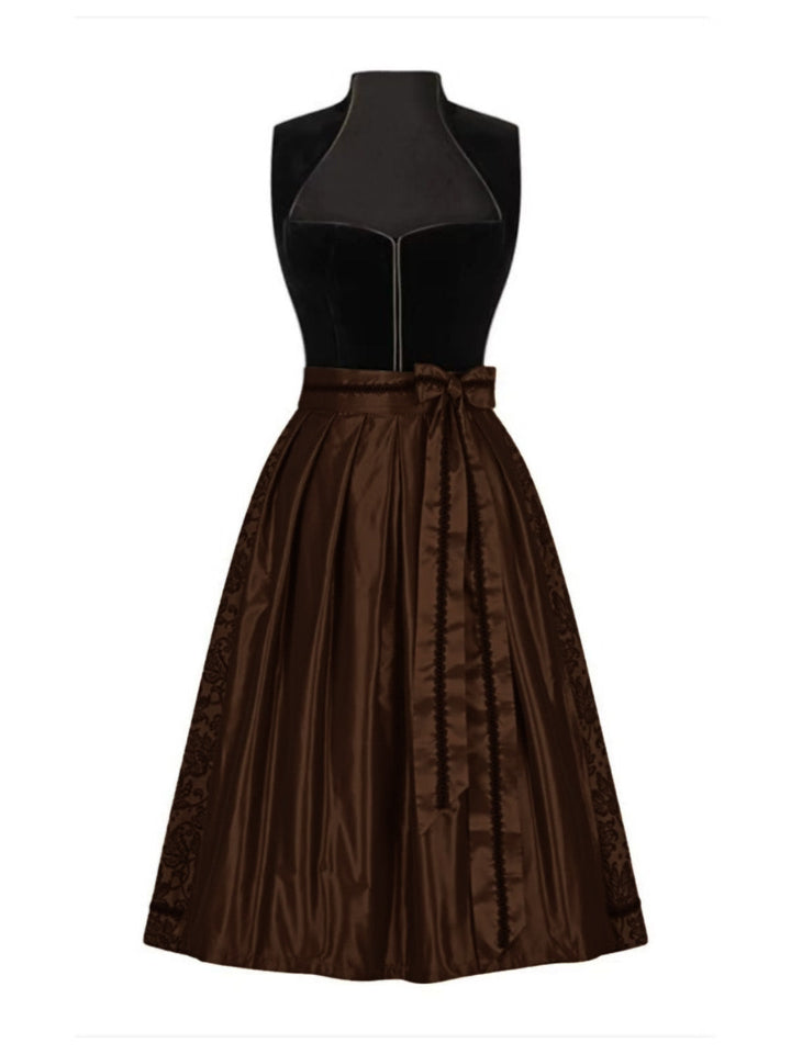 Brown 1950s Crochet Velvelt Dress &amp; Satin Pleated Apron - vintage dress, retro fashion, rockabilly