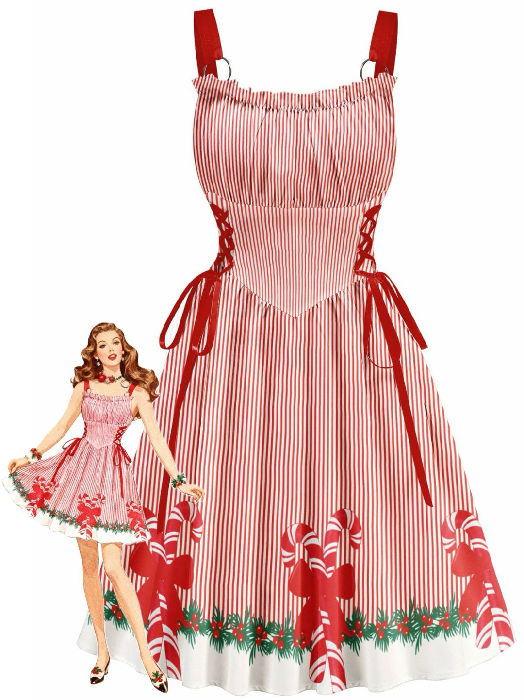1950s Christmas Candy Cane Striped Lace-Up Holiday Dress - vintage dress, retro fashion, rockabilly