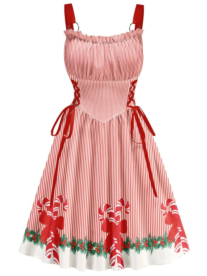 1950s Christmas Candy Cane Striped Lace-Up Holiday Dress - vintage dress, retro fashion, rockabilly