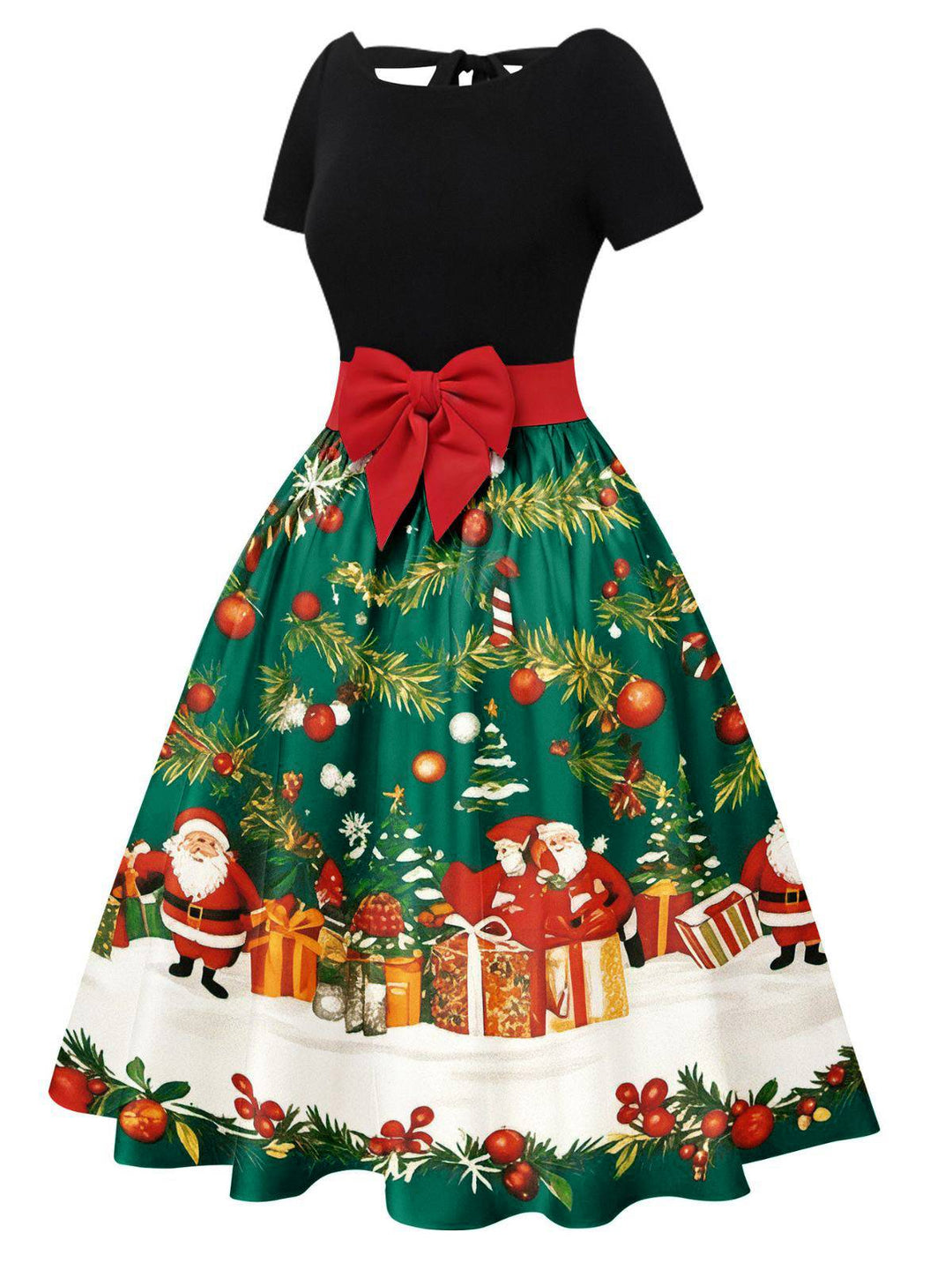1950s Christmas Tree Patchwork Bow Belted Swing Dress - vintage dress, retro fashion, rockabilly