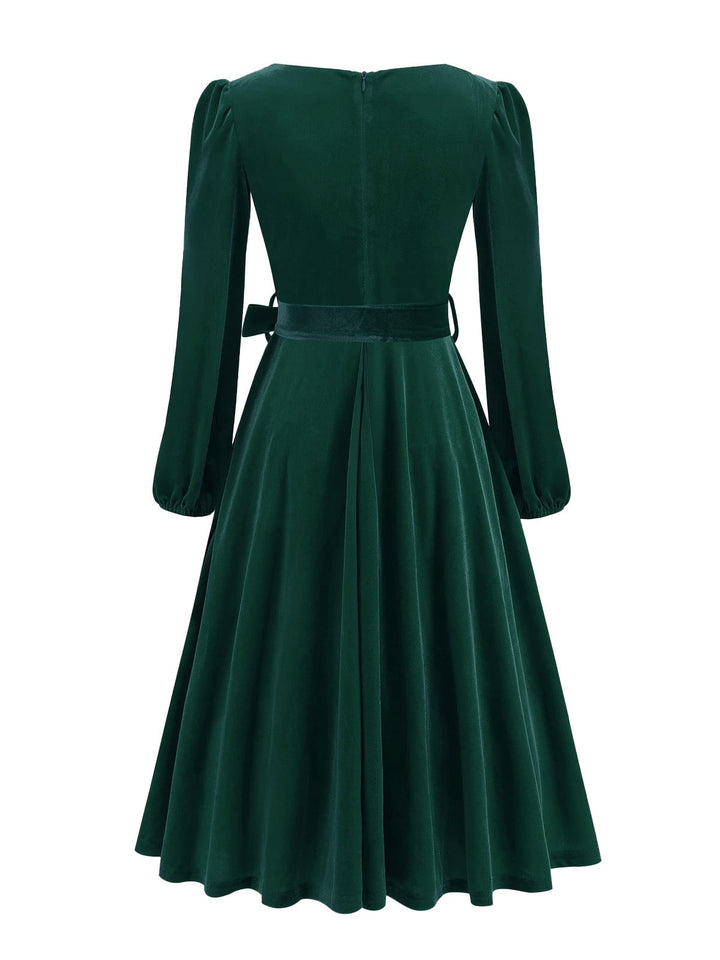 1950s Christmas Velvet Square Neck Long Sleeve Dress - vintage dress, retro fashion, rockabilly