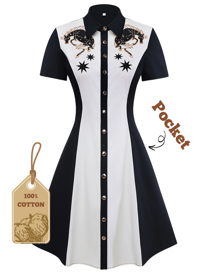 1950s Cotton Western-Inspired Embroidered Horse&amp;Star Dress - vintage dress, retro fashion, rockabilly